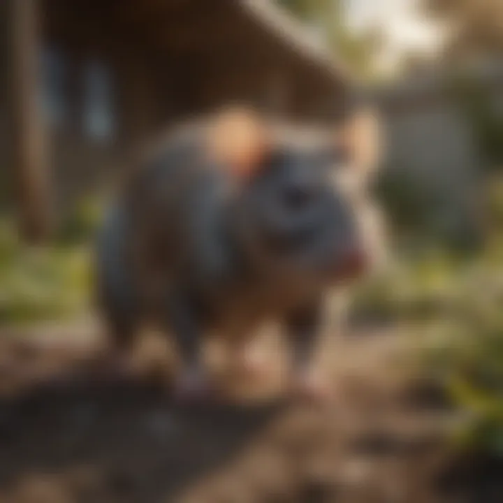 A close-up of a rat in a backyard setting, showcasing its distinct features.