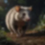 Close-up of an opossum in a garden at night