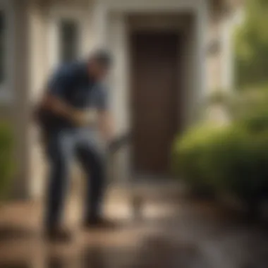 A professional pest control technician inspecting a residential property