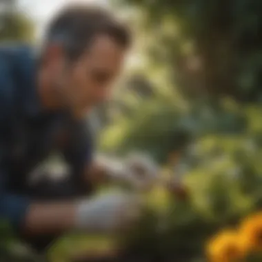 A close-up of a pest control technician inspecting a garden for infestations