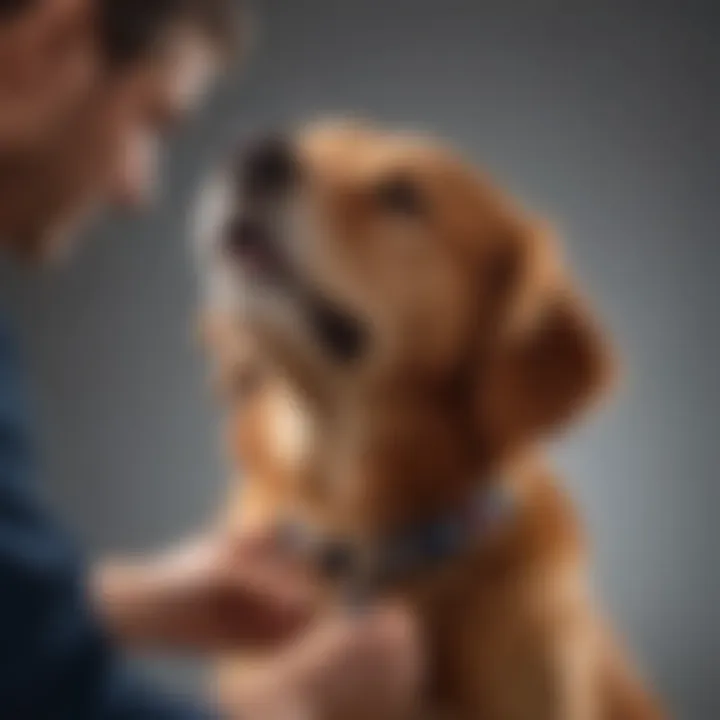 Pet owner applying collar on dog