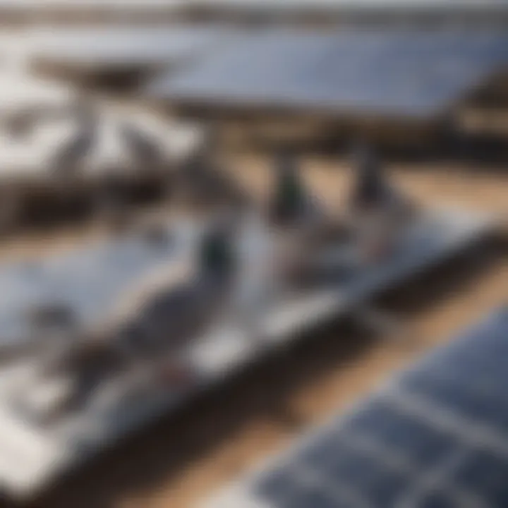 Pigeons nesting under solar panels showcasing the interaction between wildlife and renewable energy