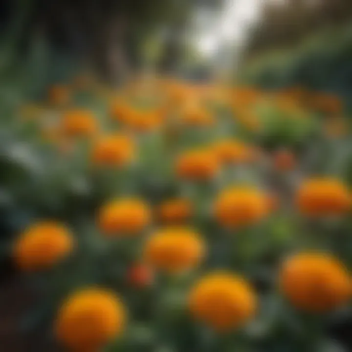 A cluster of marigolds thriving in a garden setting.