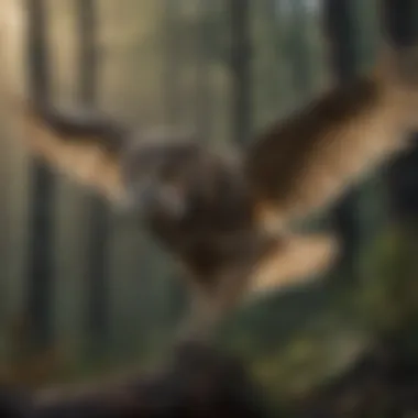 An owl in flight at dusk, highlighting its role as a nighttime predator.