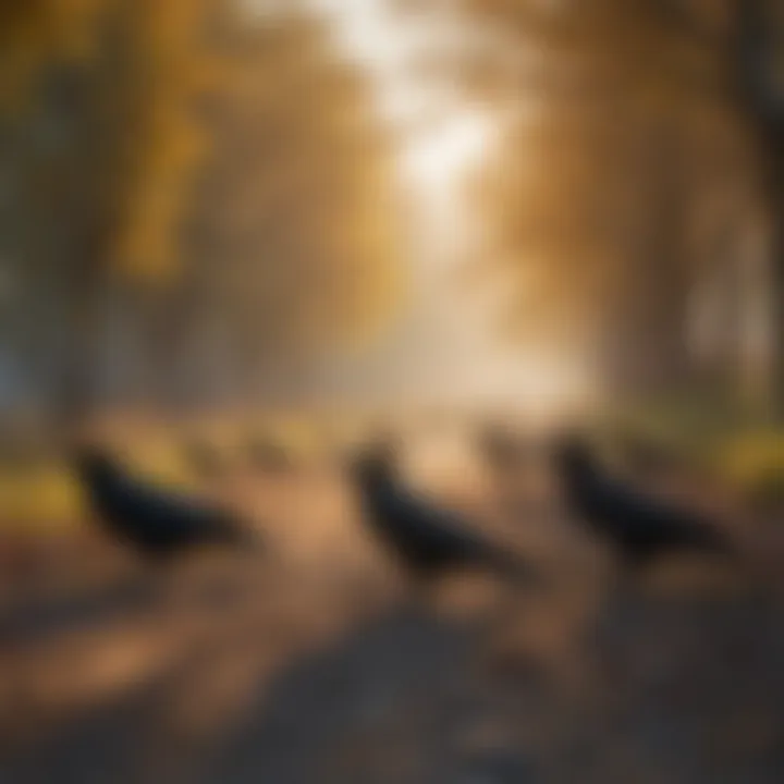 A flock of ravens in a rural landscape, highlighting ecological interactions