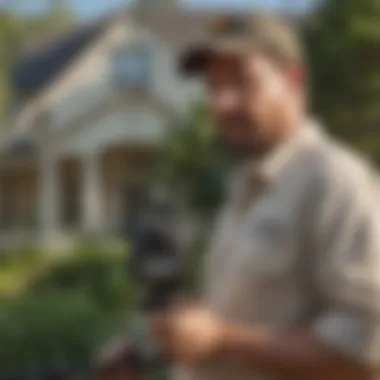 A pest control professional surveying a residential property