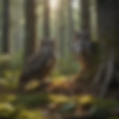 A serene forest scene illustrating the habitat of both owls and woodpeckers