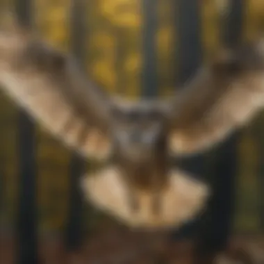 A dramatic scene of an owl in flight, highlighting its predatory skills