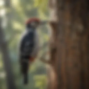 A woodpecker tapping on a tree trunk, showcasing its feeding behavior