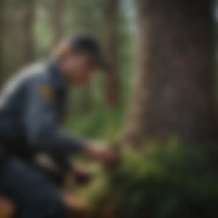 A Terminix pest control professional assessing a spruce pine for pest infestations.