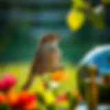 A bird avoiding a shiny object in a garden