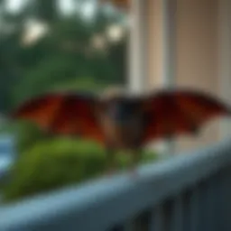 A bat perched on a porch railing at dusk