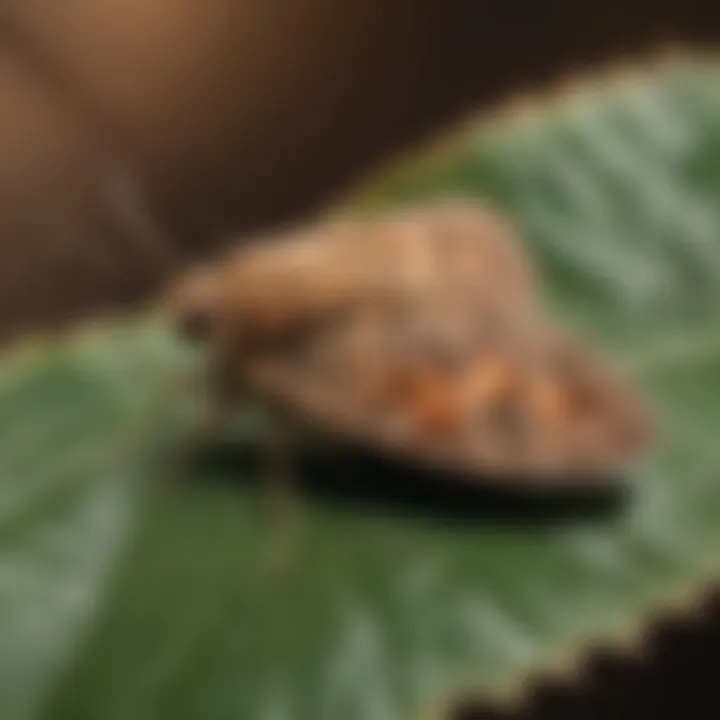 Close-up of a brown moth resting on a leaf