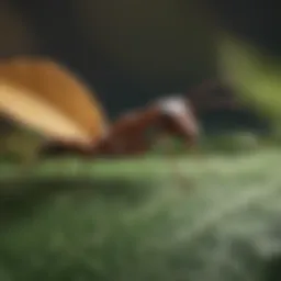 Close-up view of a tiny ant exploring a leaf