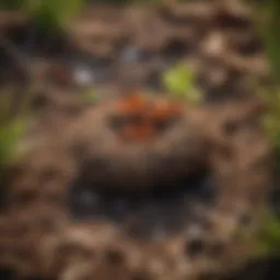 Close-up view of a fire ant nest in a garden