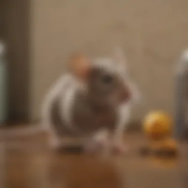 Close-up of a house mouse in a kitchen corner.