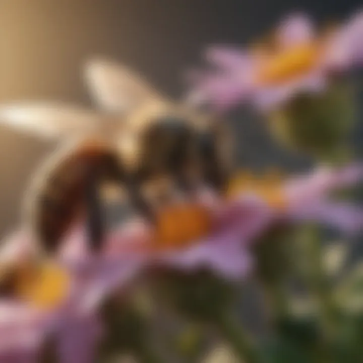 A close-up of bees foraging on flowers, highlighting their behavior