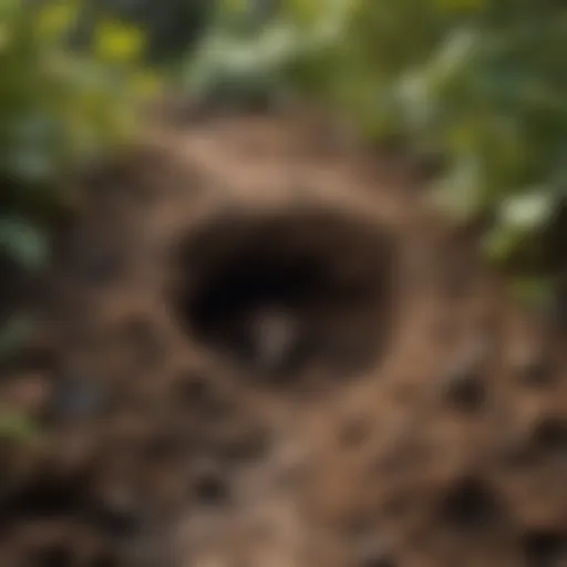 Detailed view of a mole burrow in a garden