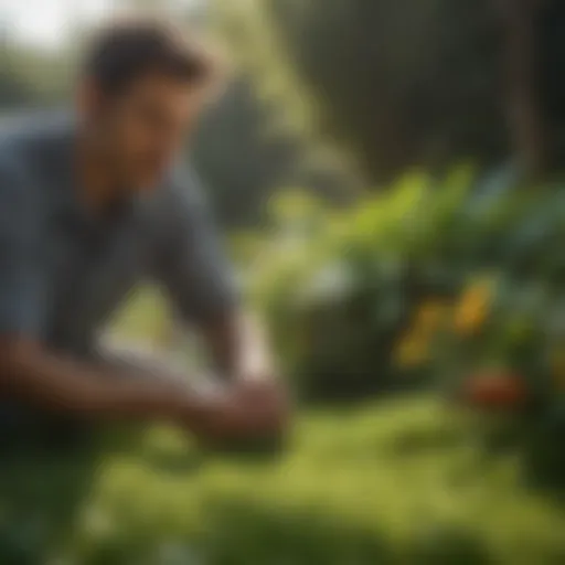 A close-up of a pest control technician examining a garden for infestations