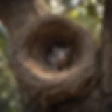 A detailed view of a possum nest in a tree, showcasing its construction materials.