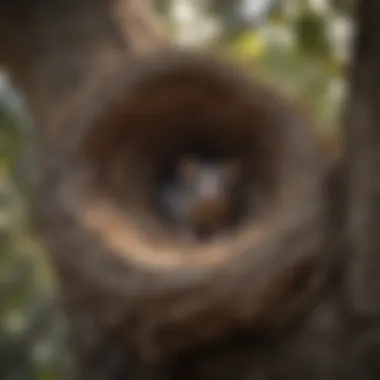 A detailed view of a possum nest in a tree, showcasing its construction materials.