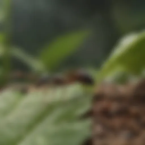 Close-up of ants foraging for food on a leaf