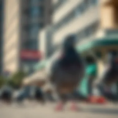 A serene urban landscape populated by pigeons, highlighting their interaction with the environment.