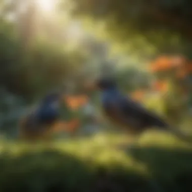 Healthy Avian Interaction A serene garden setting where birds interact naturally, indicating healthy environments.
