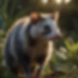 An opossum exploring a garden at dusk