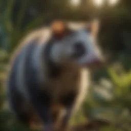 An opossum exploring a garden at dusk