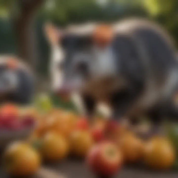 Opossums eating fruit in a backyard