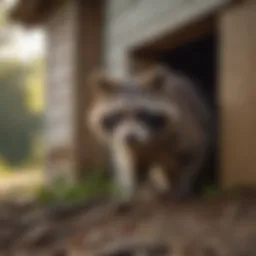 Raccoon peeking from under a house