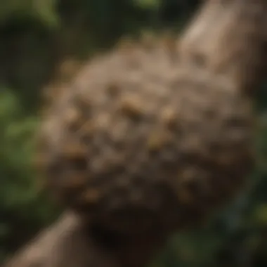 Close-up view of a wasp nest on a tree branch