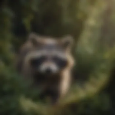 Raccoon hiding in a bush, demonstrating its natural instinct to seek shelter from threats.