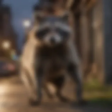 An urban setting where raccoons encounter humans, illustrating their interaction with urban environments.