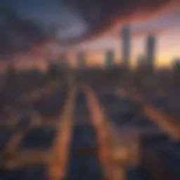 A vibrant city skyline at dusk with visible pest hotspots.